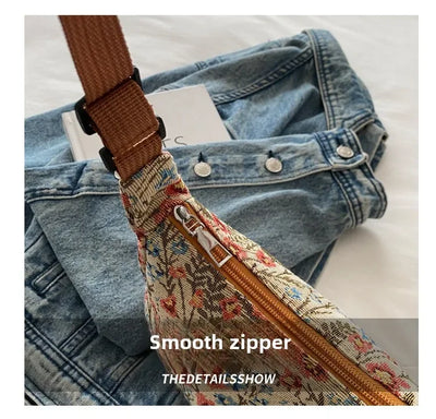 Women Small Underarm Bag Chinese Style Shoulder Bag Versatile Literary Prints Cloth Crescent Pack Portable Women's Handbags