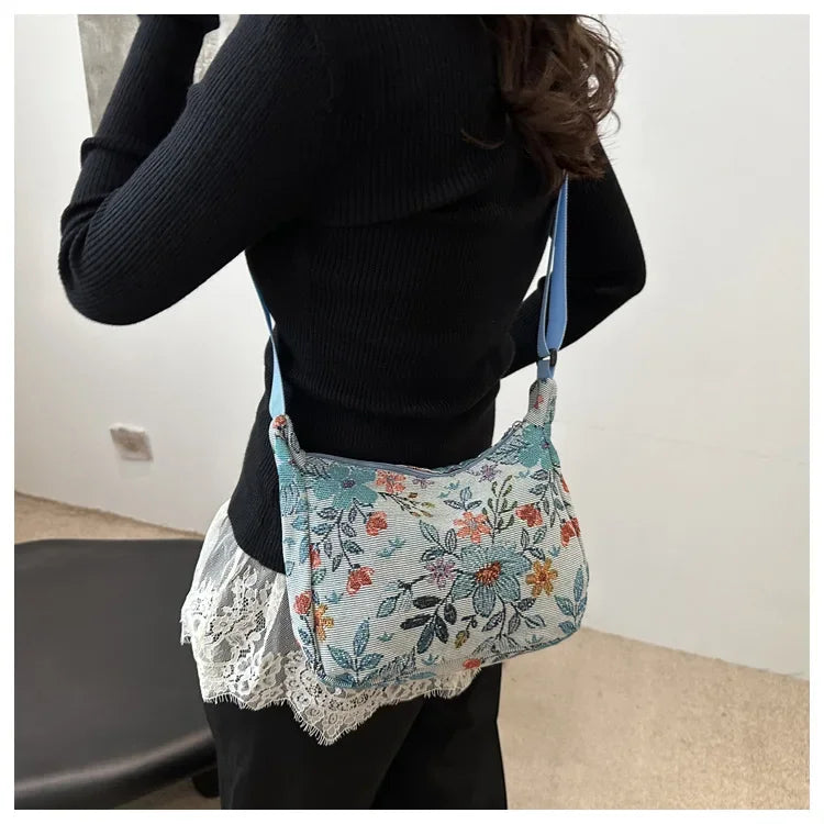 Women Small Underarm Bag Chinese Style Shoulder Bag Versatile Literary Prints Cloth Crescent Pack Portable Women's Handbags