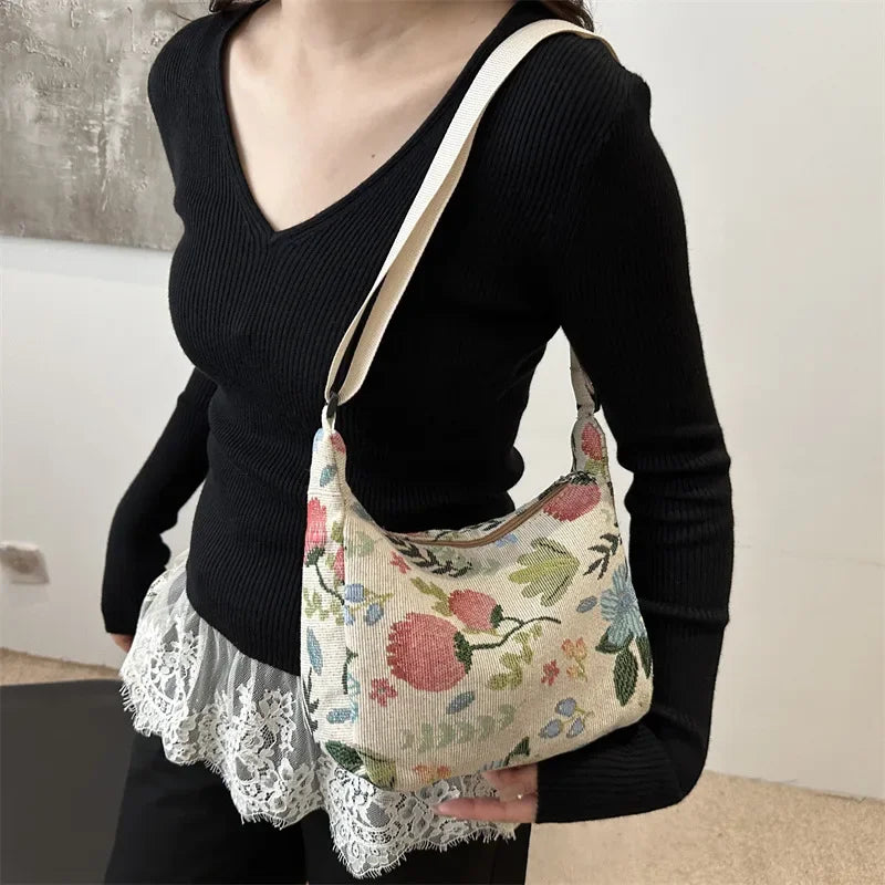Women Small Underarm Bag Chinese Style Shoulder Bag Versatile Literary Prints Cloth Crescent Pack Portable Women's Handbags