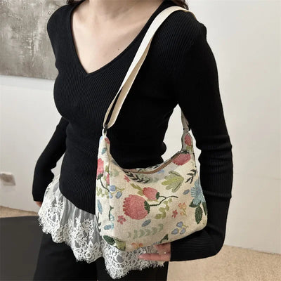 Women Small Underarm Bag Chinese Style Shoulder Bag Versatile Literary Prints Cloth Crescent Pack Portable Women's Handbags