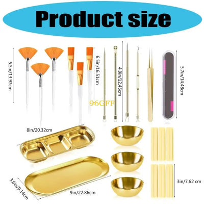 96GF 29Pcs Esthetician Supplies 6 Blackhead Remover Tools 3 Stainless Steel Gold Mixing Bowls 3 Compartment Serving Tray