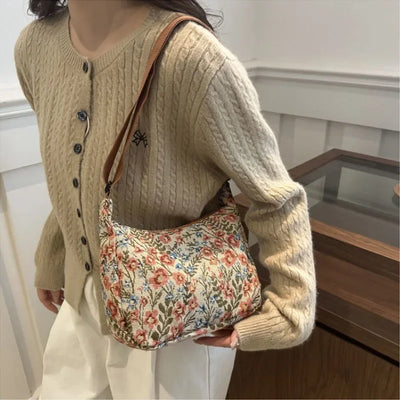 Women Small Underarm Bag Chinese Style Shoulder Bag Versatile Literary Prints Cloth Crescent Pack Portable Women's Handbags