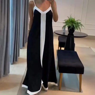 Women's Dress 2024 Summer Women's Clothing Fashion Elegant V-neck Casual Black and White Contrast Sleeveless Loose Long Dresses - The world bestselling 