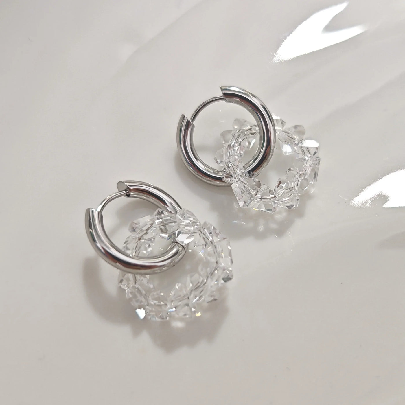 Stylish Elegant Sweet Biue Ceramic Heart Shape Pendant Earrings for Women Stainless Steel Double Ring Ear Cuffs Charm Jewelry