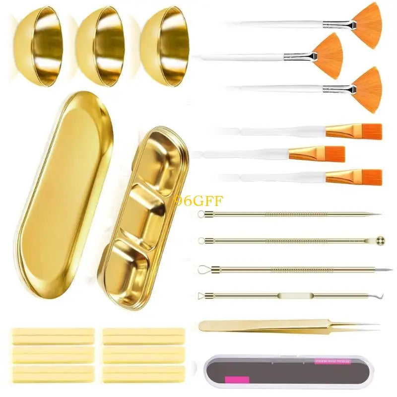 96GF 29Pcs Esthetician Supplies 6 Blackhead Remover Tools 3 Stainless Steel Gold Mixing Bowls 3 Compartment Serving Tray