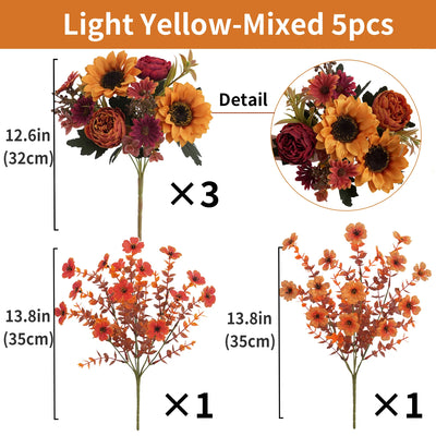 5pcs autumn artificial sunflowers, peonies & daisy. Great for home room wedding  Thanksgiving, Halloween，Indoor，outdoor decor