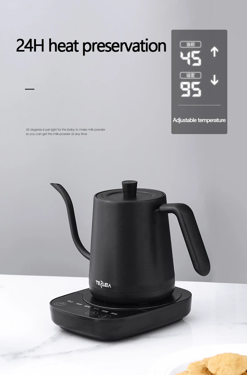 Electric Kettle 800ml Gooseneck Hand Brew Coffee Pot Thermo Pot 304 Stainless Steel Teapot Smart Temperature-Control Water Jug