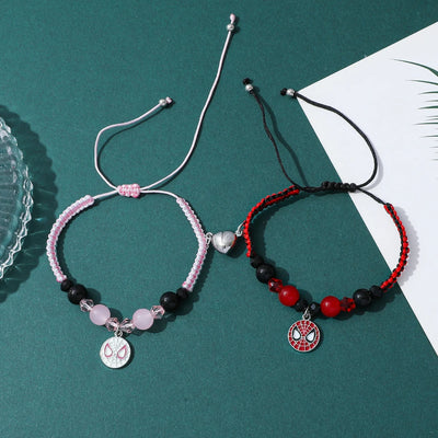 2pcs Marvel Spider-Man Couple Bracelets Set - Magnetic Heart Beads & Weave Design, Anime Superhero Jewelry for Men Women