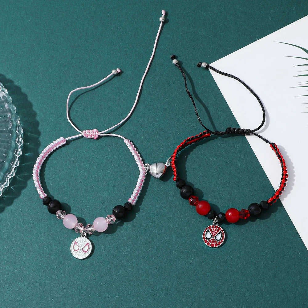 2pcs Marvel Spider-Man Couple Bracelets Set - Magnetic Heart Beads & Weave Design, Anime Superhero Jewelry for Men Women