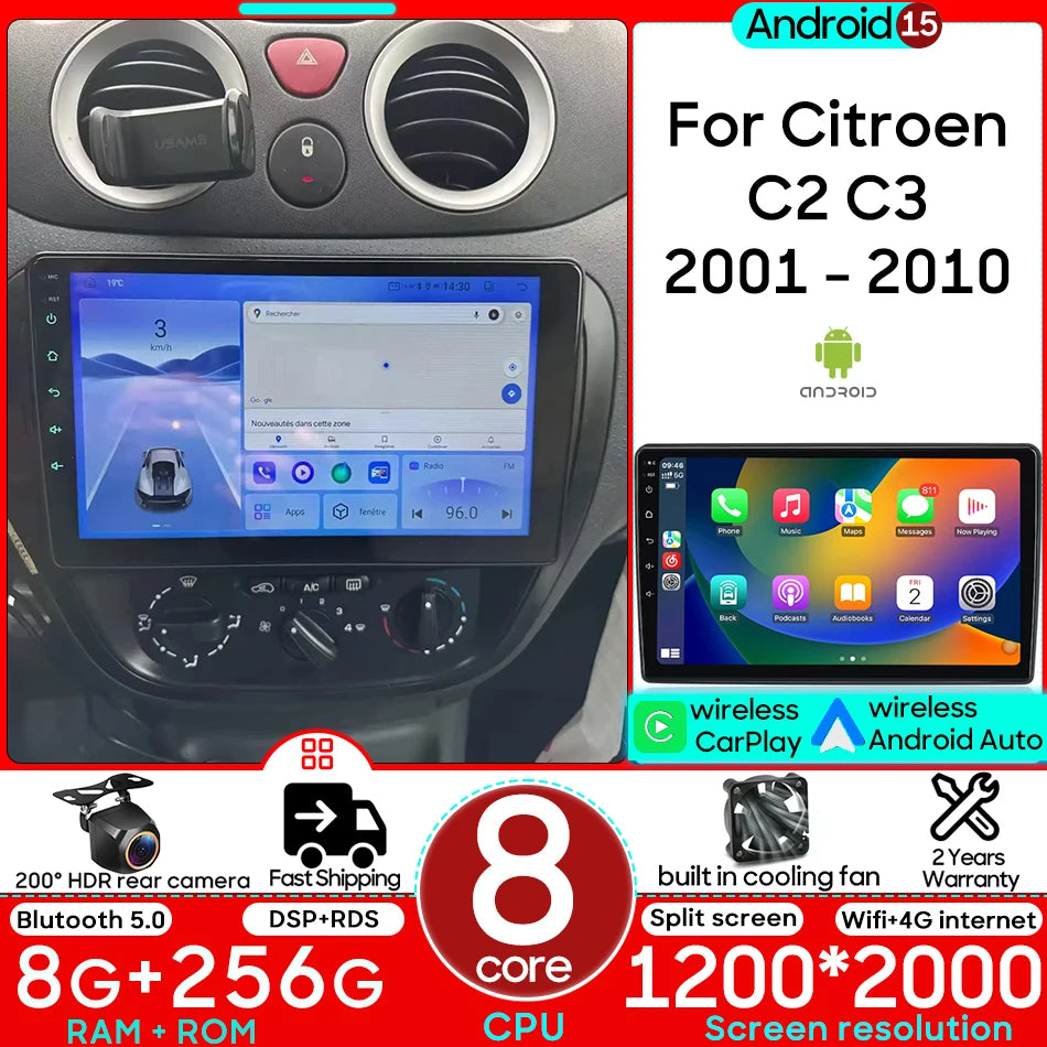 Android 15 For Citroen C2 C3 2001 2003 - 2010 GPS Navigation Multimedia Player Radio Stereo Wireless CarPlay Auto Wifi No 2din