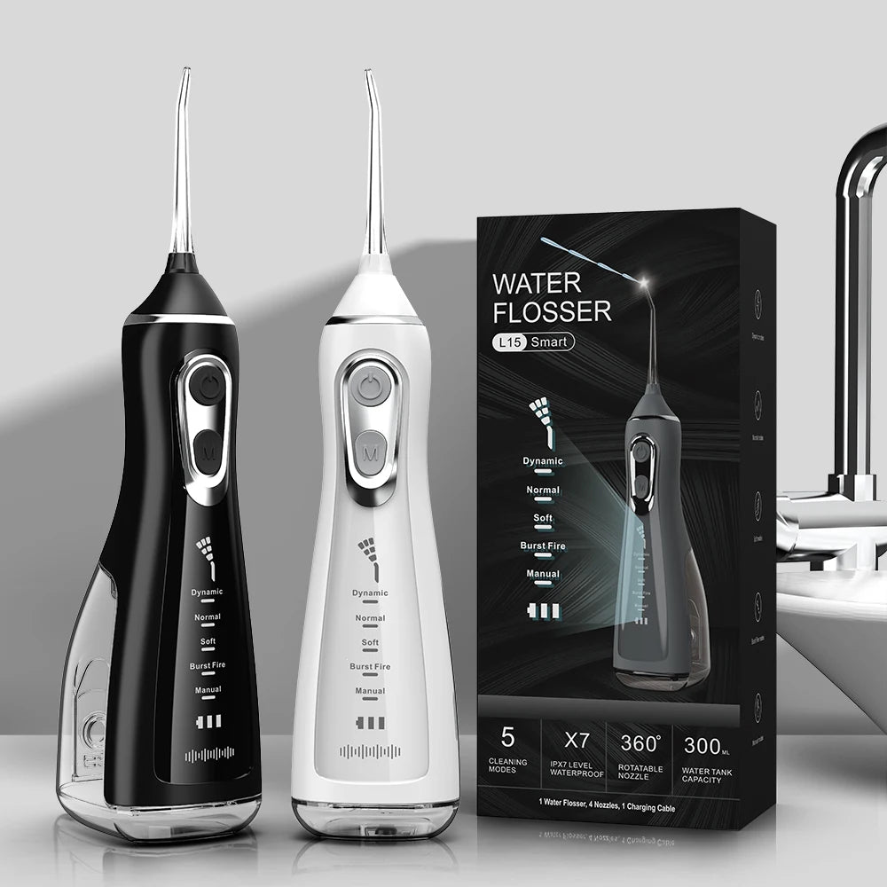 USB-rechargeable portable water flosser with 300ML water tank, waterproof oral irrigator, and dental water spray