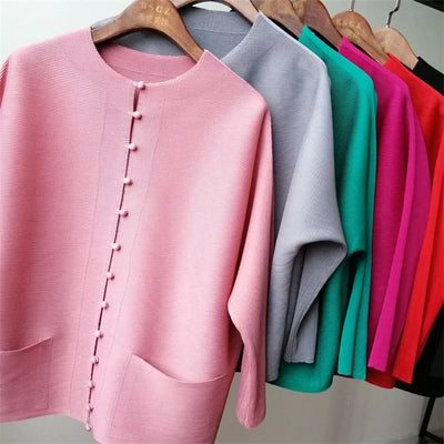 Woman Clothing T-shirt Bat Sleeves Loose and Pleated Small Jacket Women's Single-breasted Pocket Design Pleated Semi-Turtleneck - The world bestselling 