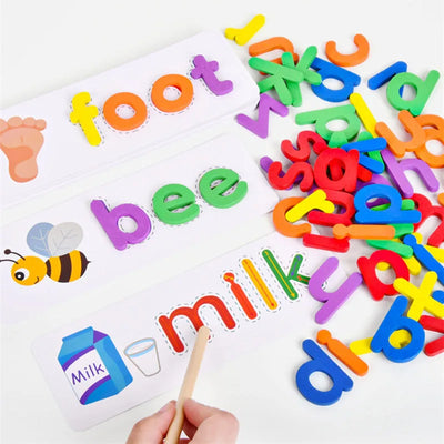52pcs English Alphabet Spelling Word Wooden Educational Toys for Kids Baby Puzzles Montessori Games with 28pcs Learning Cards
