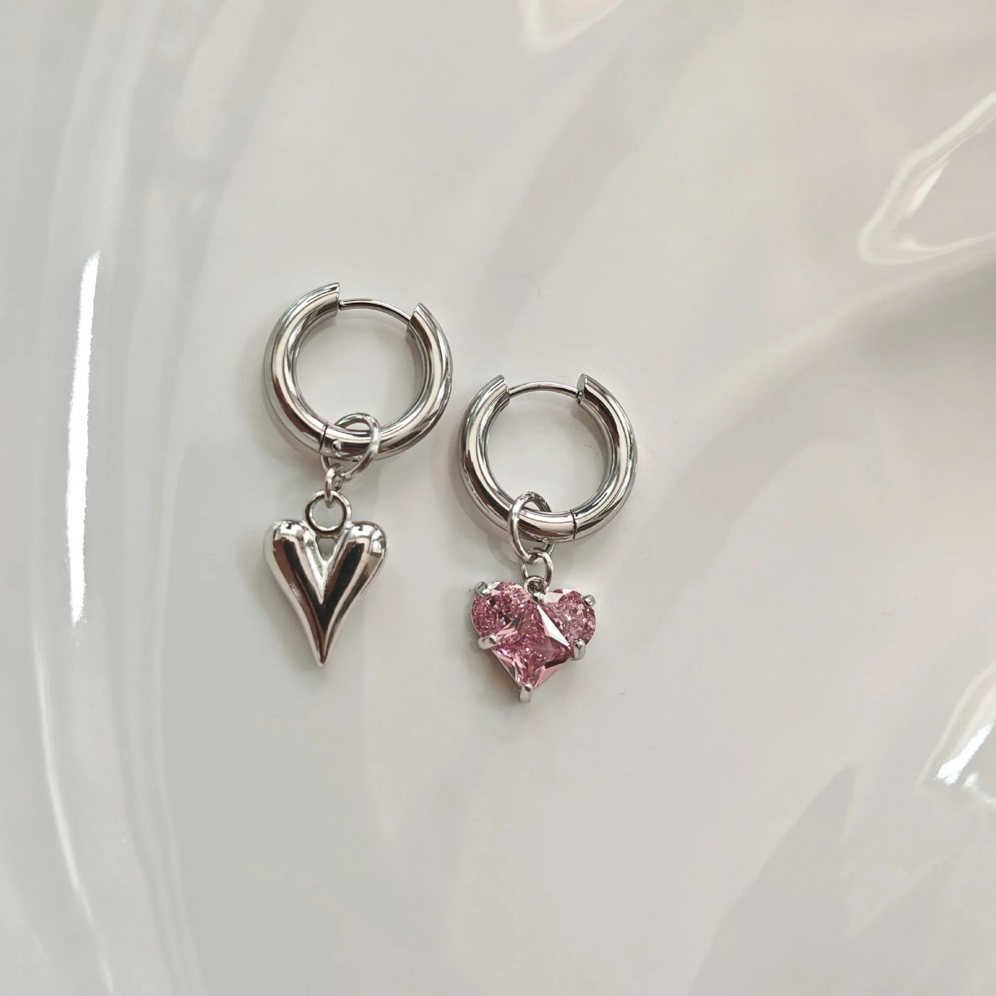 Stylish Elegant Sweet Biue Ceramic Heart Shape Pendant Earrings for Women Stainless Steel Double Ring Ear Cuffs Charm Jewelry