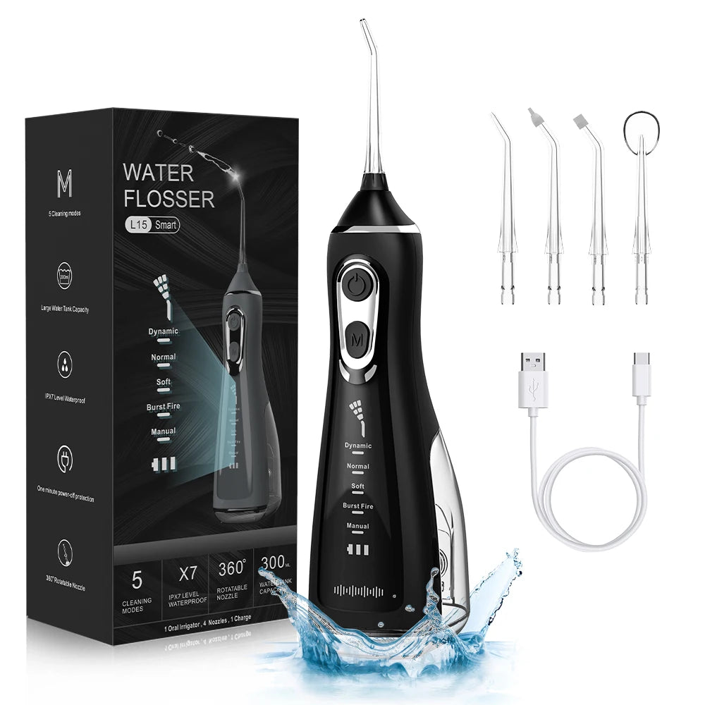 USB-rechargeable portable water flosser with 300ML water tank, waterproof oral irrigator, and dental water spray