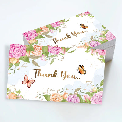 50pcs Flower Butterfly Design Thank You Card For Greeting Message Supporting Business Package Decor Order Shopping Purchase Card