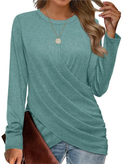 Women's Clothing 2024 Autumn Winter New Solid Color T-shirt Casual Round Neck Cross Pleated Loose Long Sleeved Top - The world bestselling 