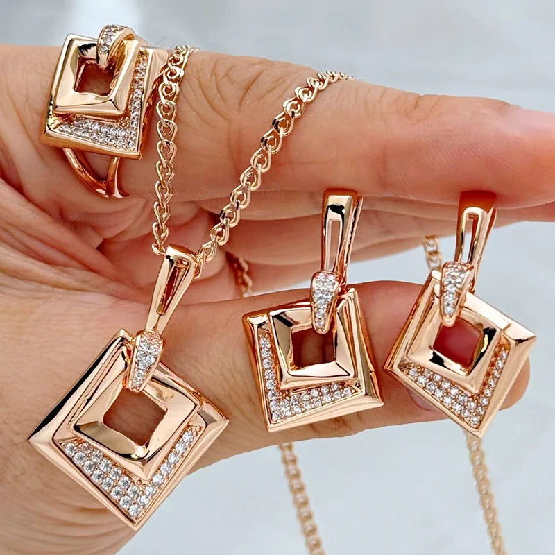 Kinel Hot 585 Rose Gold Color Bridal Wedding Jewelry Sets Natural Zircon Square Ring Earrings Necklace for Women Fine Jewelry
