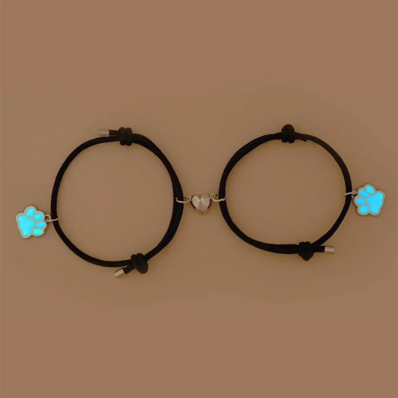 2pcs magnetic couple heart bracelet for men friendship lover jewelry glow in the dark pet dog cat animal paw bracelets For women