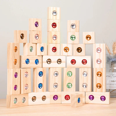 DIY Blocks Sparkling Acrylic Toy Kids Wooden Montessori Rainbow Gem Stacking Blocks Colorful Educational Wooden Creative Toys