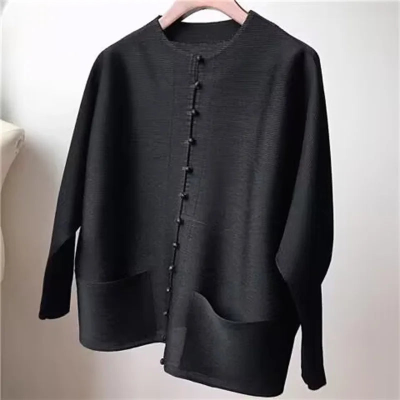 Woman Clothing T-shirt Bat Sleeves Loose and Pleated Small Jacket Women's Single-breasted Pocket Design Pleated Semi-Turtleneck - The world bestselling 