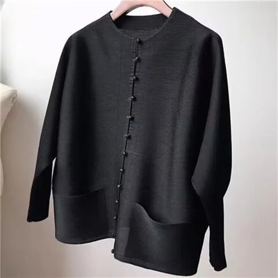 Woman Clothing T-shirt Bat Sleeves Loose and Pleated Small Jacket Women's Single-breasted Pocket Design Pleated Semi-Turtleneck - The world bestselling 