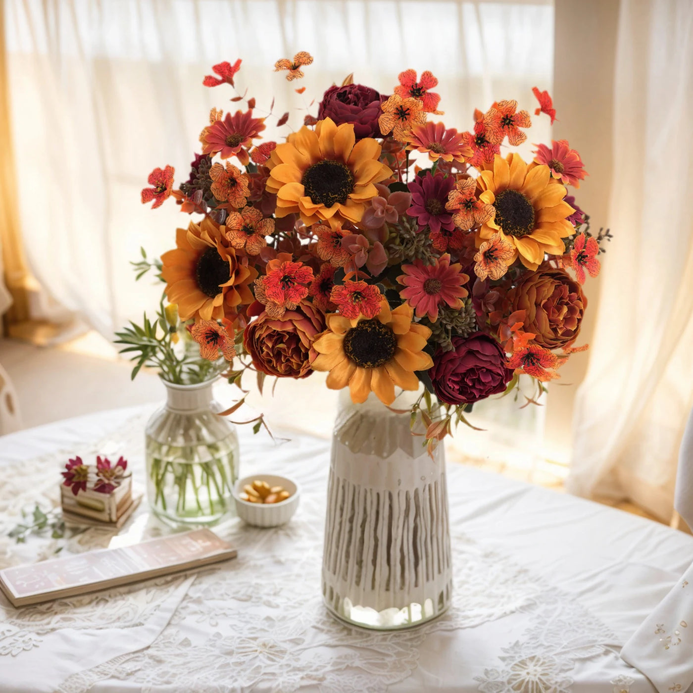 5pcs autumn artificial sunflowers, peonies & daisy. Great for home room wedding  Thanksgiving, Halloween，Indoor，outdoor decor