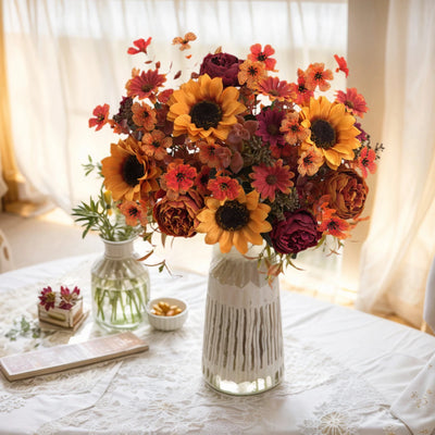 5pcs autumn artificial sunflowers, peonies & daisy. Great for home room wedding  Thanksgiving, Halloween，Indoor，outdoor decor