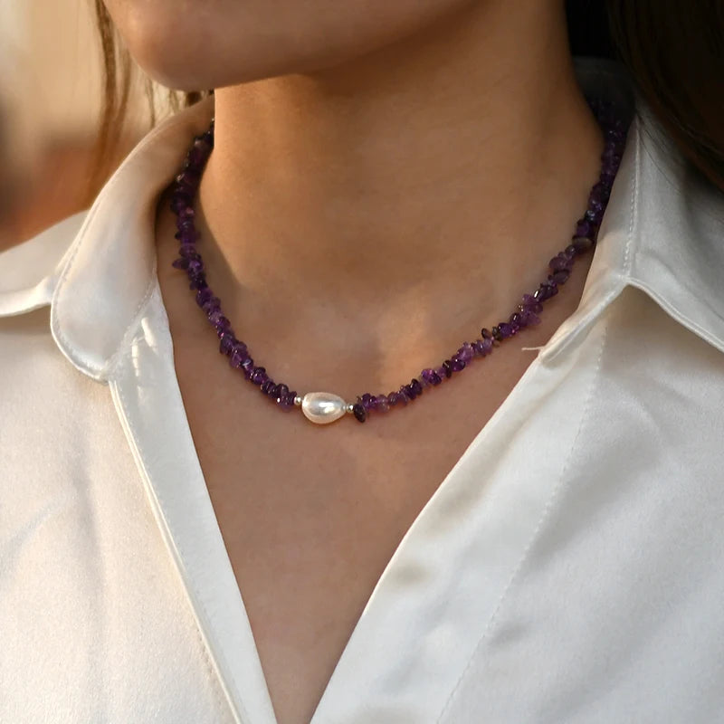 ASHIQI 925 Sterling Silver Natural Baroque Pearl Necklace Irregular Crystal Stone Color for Women Party  Jewelry