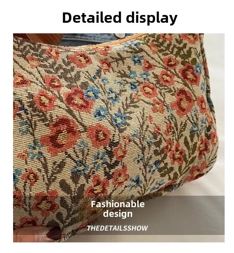 Women Small Underarm Bag Chinese Style Shoulder Bag Versatile Literary Prints Cloth Crescent Pack Portable Women's Handbags