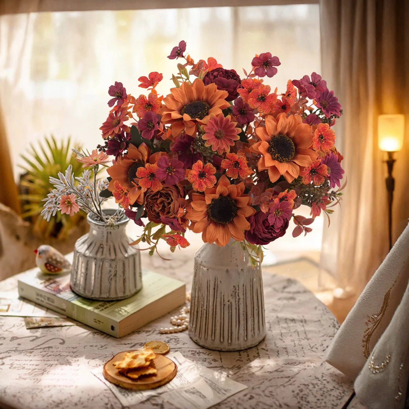 5pcs autumn artificial sunflowers, peonies & daisy. Great for home room wedding  Thanksgiving, Halloween，Indoor，outdoor decor