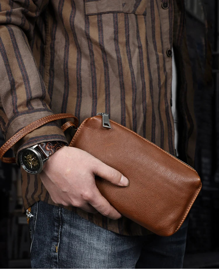 ROOG Men's Genuine Leather Clutch High Quality Long Wallet Women's Luxury Mobile Phone Bag Credit Card Holder Purse Wrist Bags