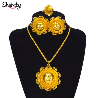 Shamty Hot Ethiopian Bridal Jewelry Sets African Nigeria Sudan Eritrea Kenya Pure Gold Color Habasha Style Wedding Sets D30019