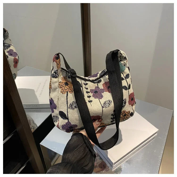 Women Small Underarm Bag Chinese Style Shoulder Bag Versatile Literary Prints Cloth Crescent Pack Portable Women's Handbags