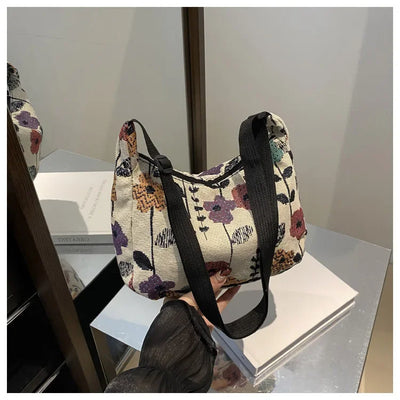 Women Small Underarm Bag Chinese Style Shoulder Bag Versatile Literary Prints Cloth Crescent Pack Portable Women's Handbags