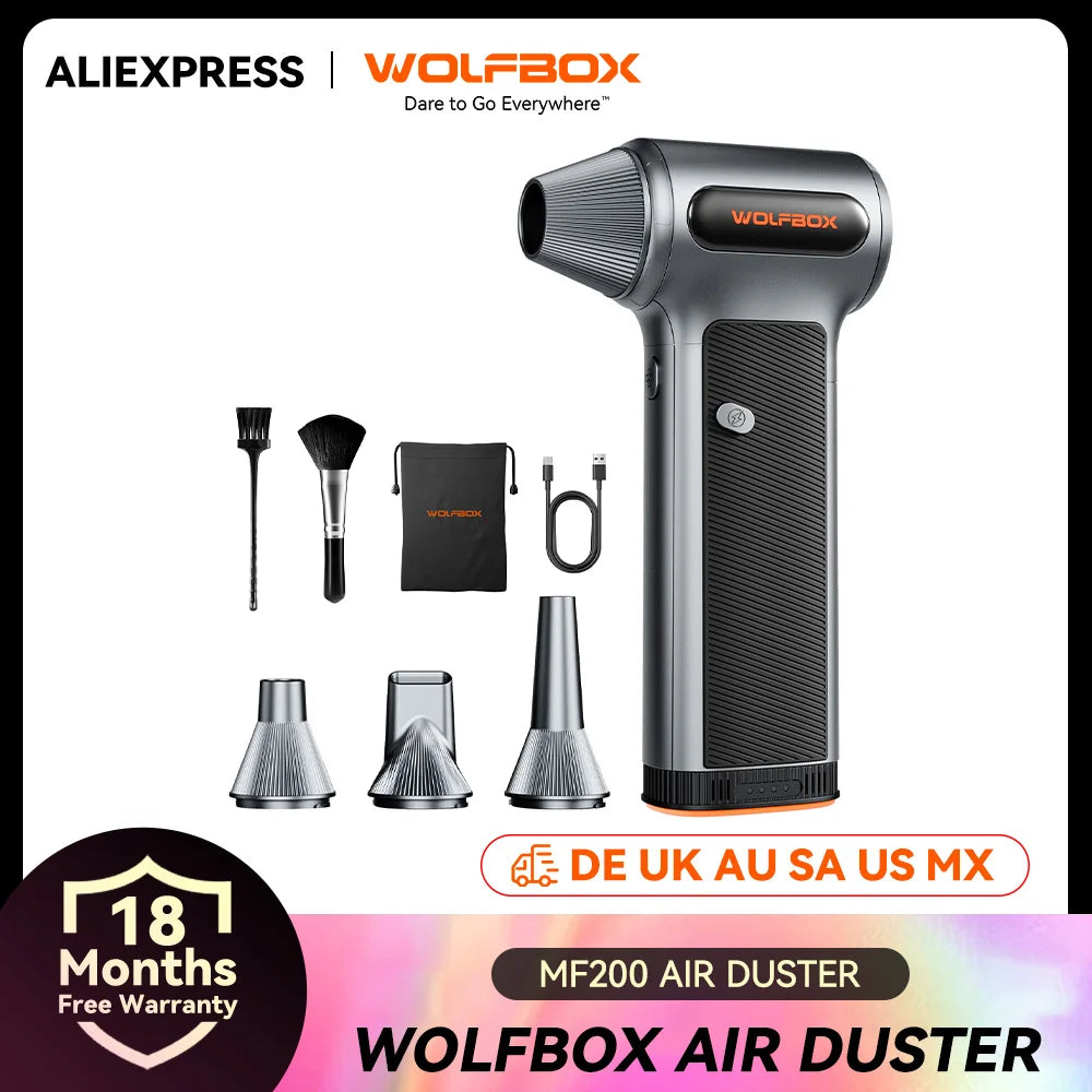 WOLFBOX MF200 Electric Air Duster Air Blower-320g Wind Pressure, Rechargeable 3-Gear Brushless Motor for Car/PC/Home/Outdoor