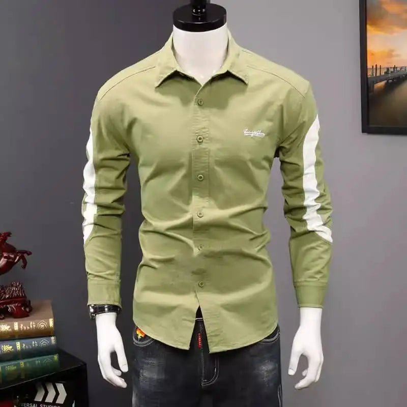Men's Clothing Korean Fashion Contrast Color Lapel All Match Shirt Spring Autumn Casual Long Sleeve Slim Tops Camisas De Hombre - The world bestselling 