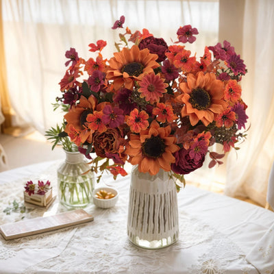 5pcs autumn artificial sunflowers, peonies & daisy. Great for home room wedding  Thanksgiving, Halloween，Indoor，outdoor decor