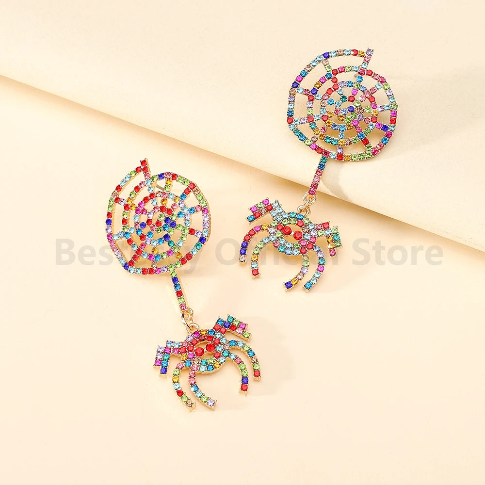 Funny Halloween Jewelry Women's Rhinestone Spider Web Dangle Earrings Party Prom Holiday Gift Accessories