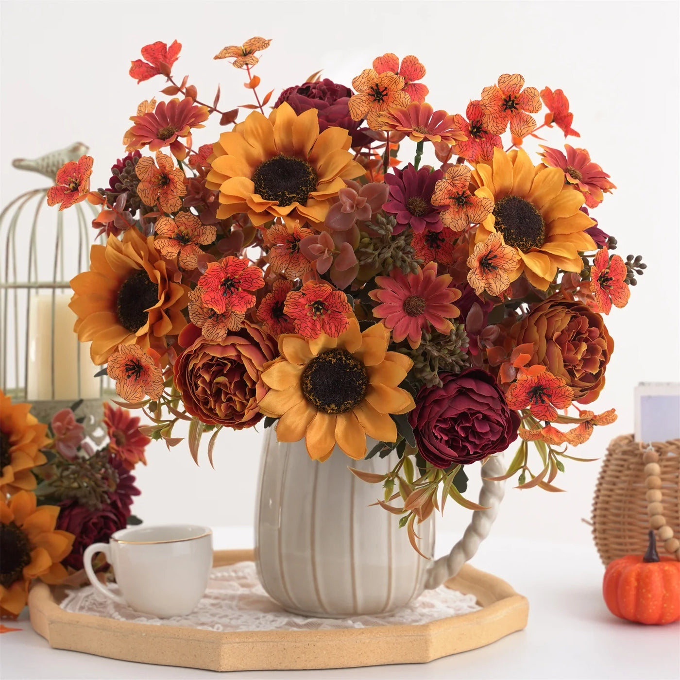 5pcs autumn artificial sunflowers, peonies & daisy. Great for home room wedding  Thanksgiving, Halloween，Indoor，outdoor decor
