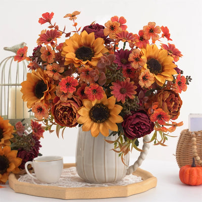 5pcs autumn artificial sunflowers, peonies & daisy. Great for home room wedding  Thanksgiving, Halloween，Indoor，outdoor decor