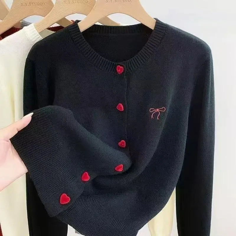 Women's Clothing Vintage Love Button Knit Cardigan Autumn/Winter Fashion All-match Bowknot Embroidery Sweaters Lady Elegant Tops - The world bestselling 