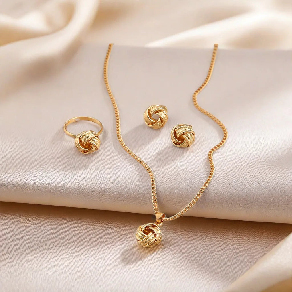 Fashionable light luxury metal jewelry three-piece wedding three-dimensional knotted ring earring necklace set jewelry