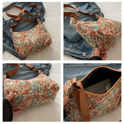 Women Small Underarm Bag Chinese Style Shoulder Bag Versatile Literary Prints Cloth Crescent Pack Portable Women's Handbags