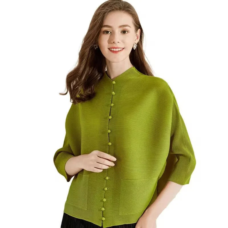 Woman Clothing T-shirt Bat Sleeves Loose and Pleated Small Jacket Women's Single-breasted Pocket Design Pleated Semi-Turtleneck - The world bestselling 