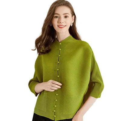 Woman Clothing T-shirt Bat Sleeves Loose and Pleated Small Jacket Women's Single-breasted Pocket Design Pleated Semi-Turtleneck - The world bestselling 