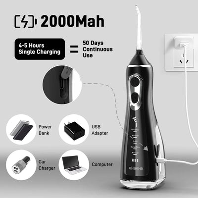 USB-rechargeable portable water flosser with 300ML water tank, waterproof oral irrigator, and dental water spray