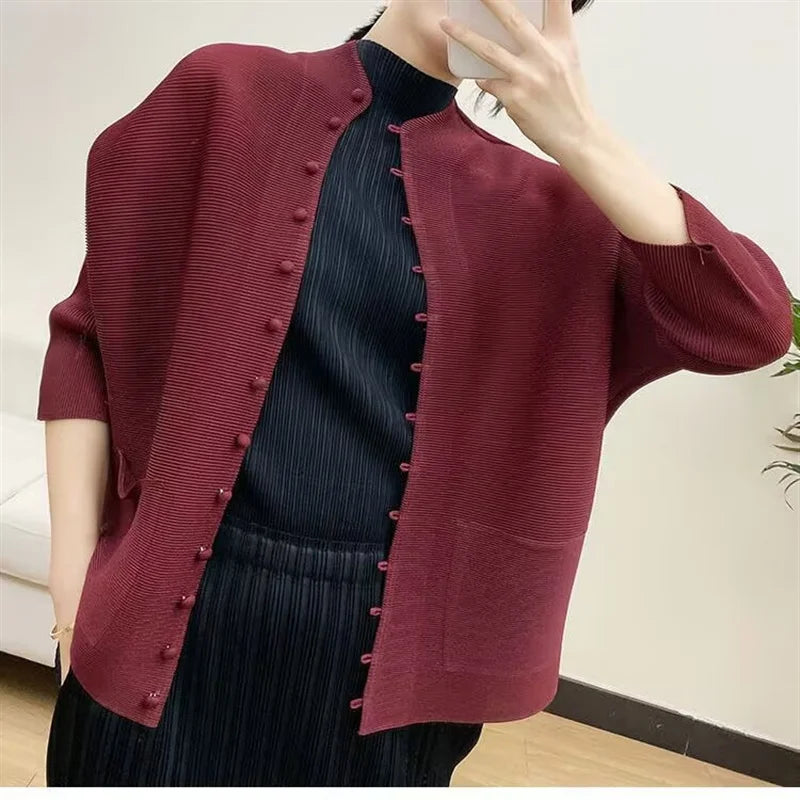Woman Clothing T-shirt Bat Sleeves Loose and Pleated Small Jacket Women's Single-breasted Pocket Design Pleated Semi-Turtleneck - The world bestselling 