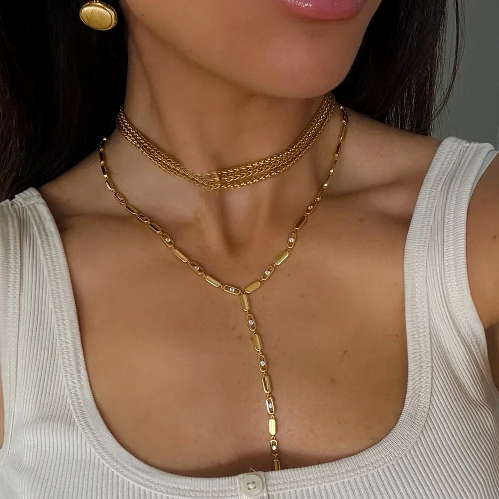 2025 new fashion gold color ladies inlaid zircon Y necklace paper clip necklace shiny jewelry