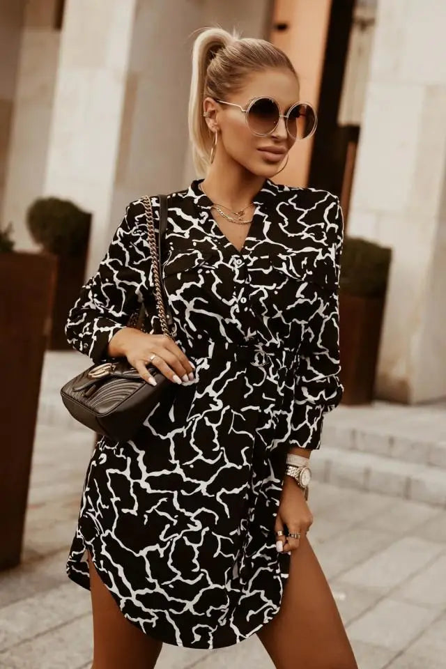 Women's Clothing  Spring and Summer  Commuter Waist Collection V-Neck Tie Long Sleeve Printed Pullover Shirt Dress - The world bestselling 